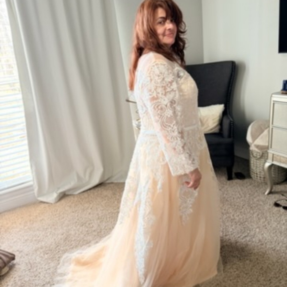 NWOT Women’s Long Lace Sleeve Dark Ivory   Wedding Dress With Sm. Train